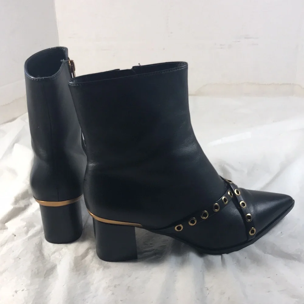 Cecelia New York Women’s Black Leather Dundy Buckle Pointy Toe Ankle Boots